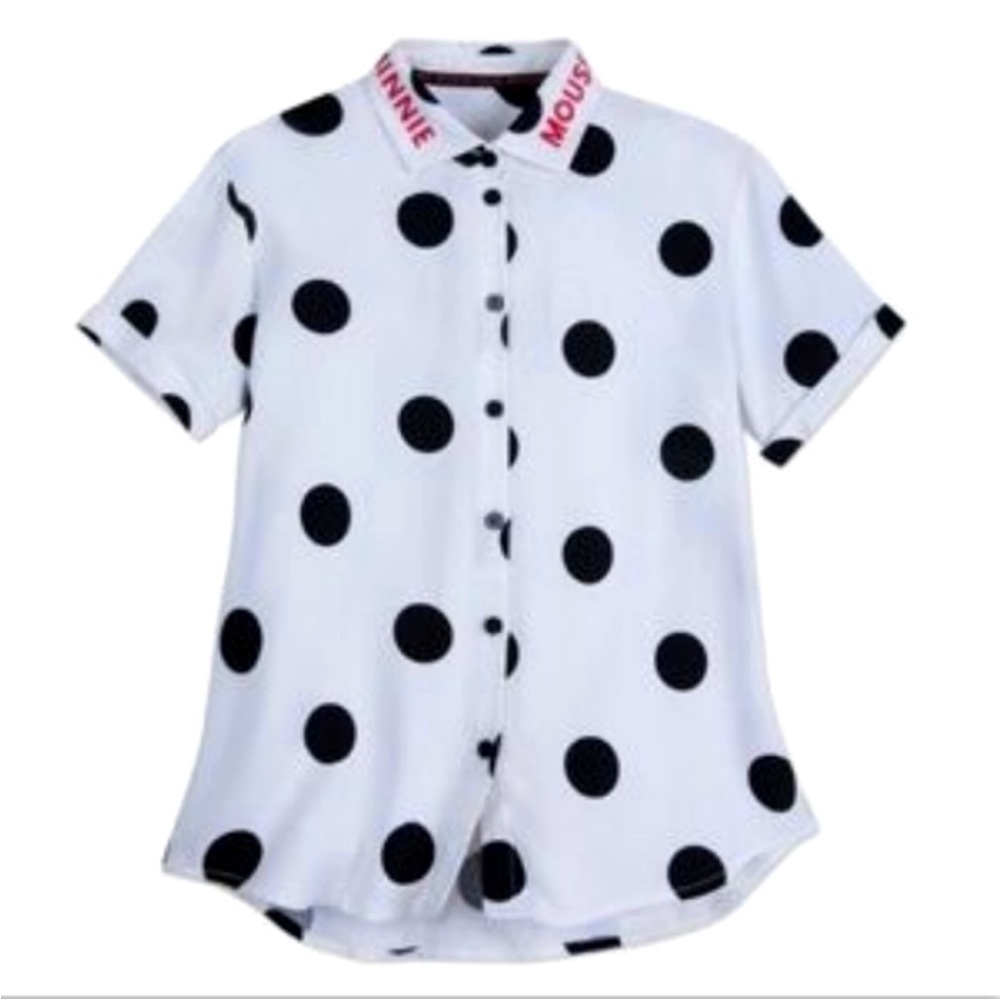 Disney Minnie Mouse Polka Dot Button Down Short Sleeve Shirt Sz M